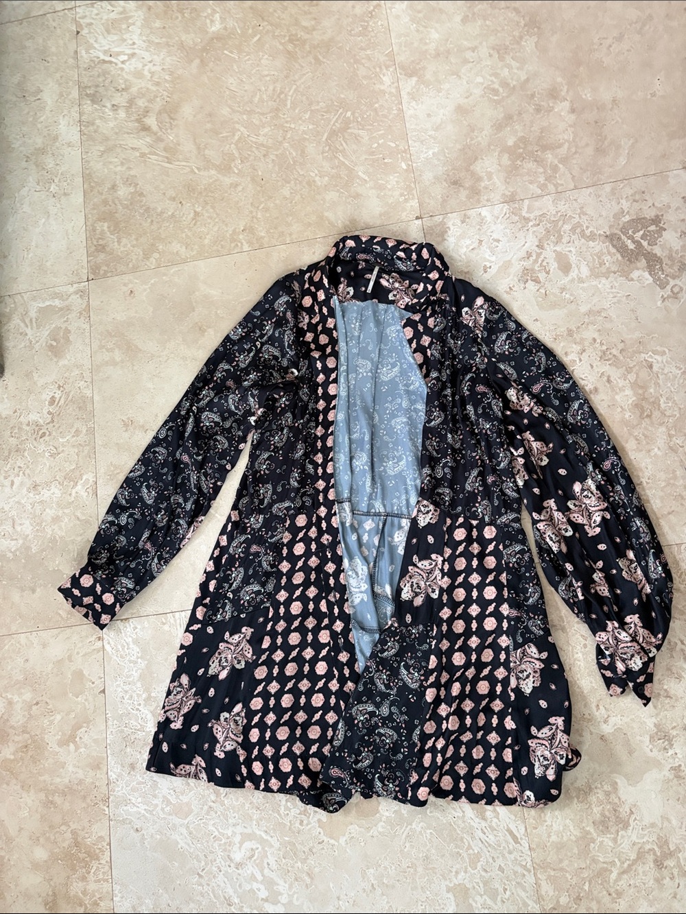 Free People Black Trench Coat with Pink Paisley Print